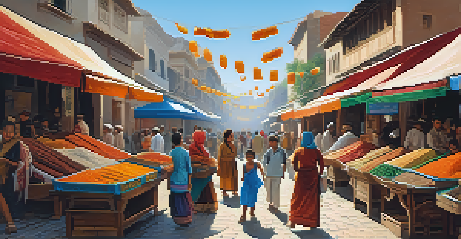 A lively historical street market with vendors selling textiles and spices, people interacting, and children playing under a clear blue sky.