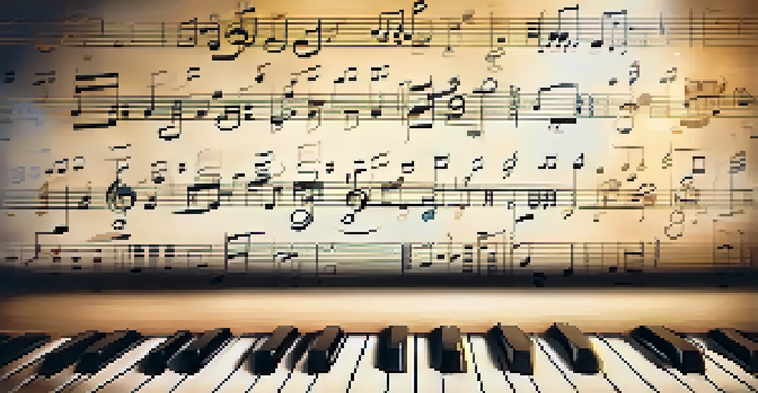 A detailed close-up of sheet music on a piano, showcasing notes and symbols in warm lighting.