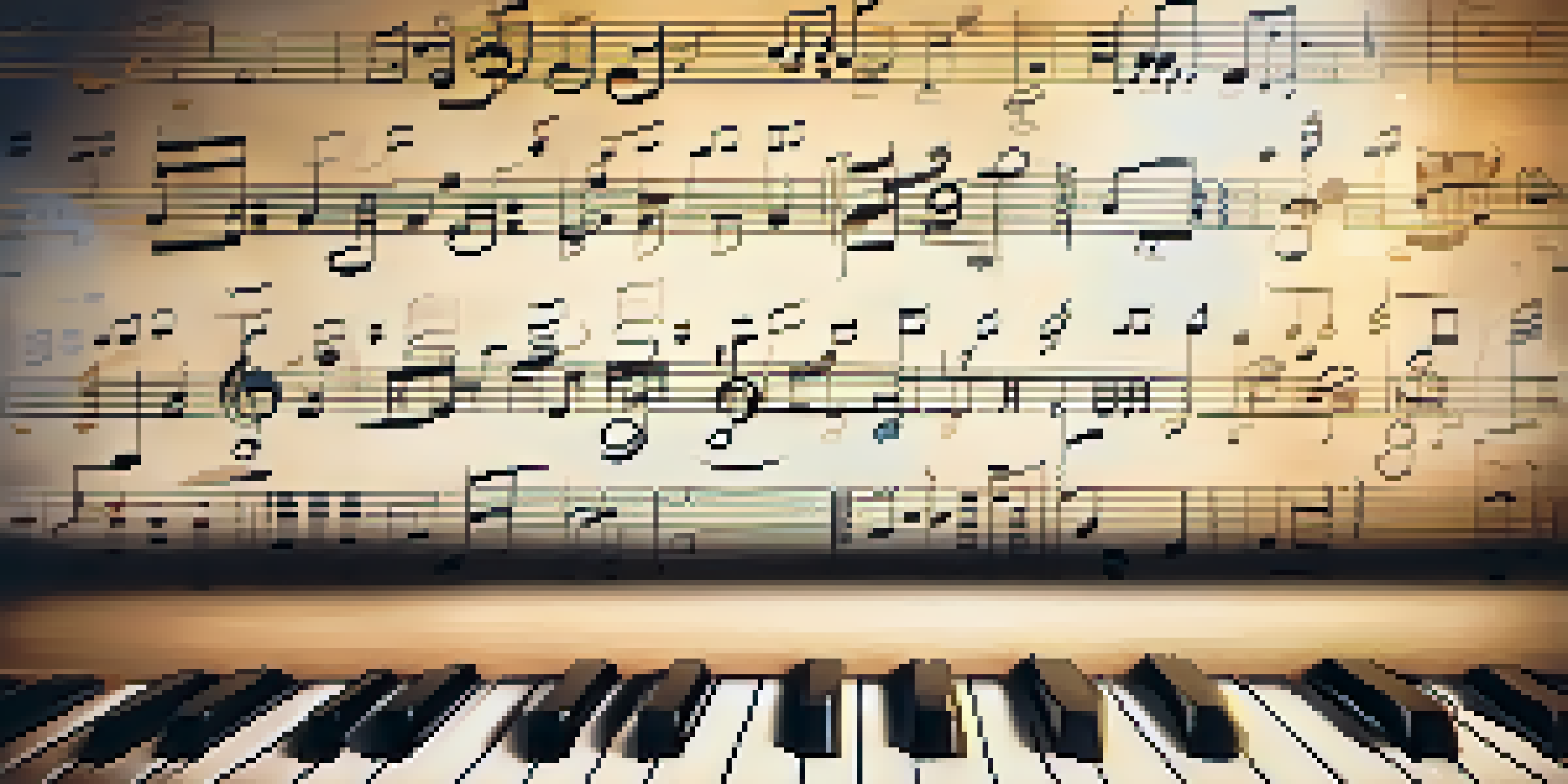 A detailed close-up of sheet music on a piano, showcasing notes and symbols in warm lighting.