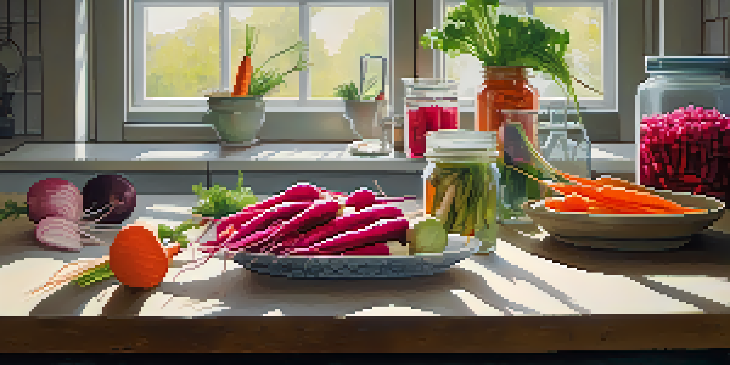 A kitchen countertop featuring colorful root vegetables and a glass jar of brine, with a cutting board and salt, illuminated by natural light.