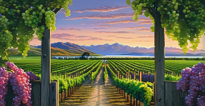 A sunset view of a New Zealand vineyard with grapevines and a lake, featuring a wooden sign.