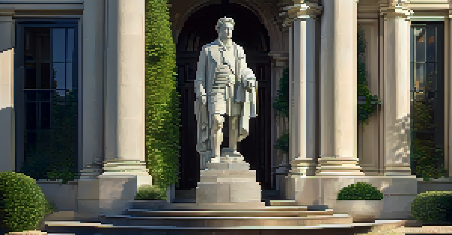 A life-sized statue of a historical figure in front of a classic stone building, illuminated by warm afternoon light with lush greenery around.