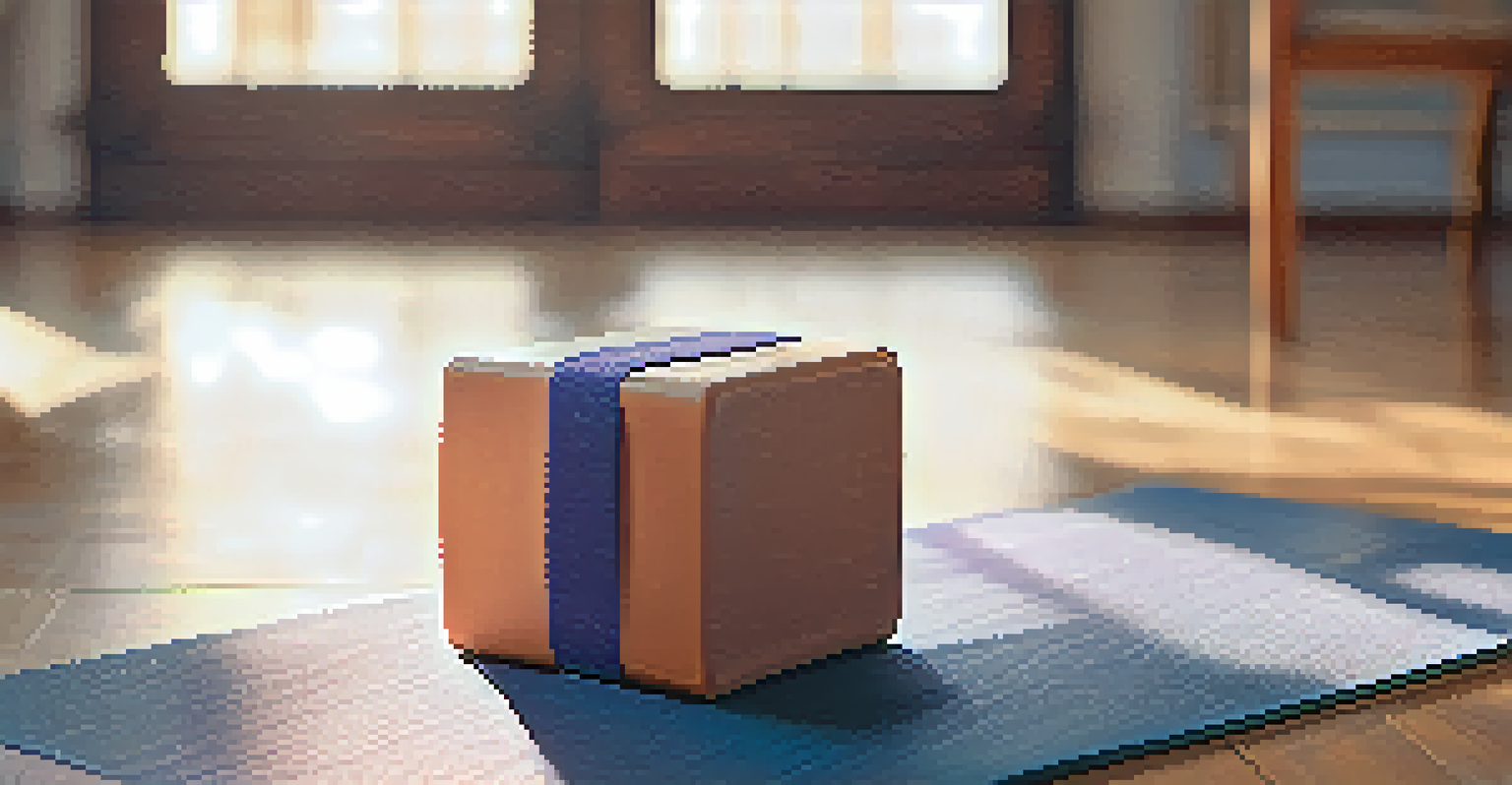 A yoga block and strap on a mat, with a person stretching in the background, illustrating the use of props for flexibility.