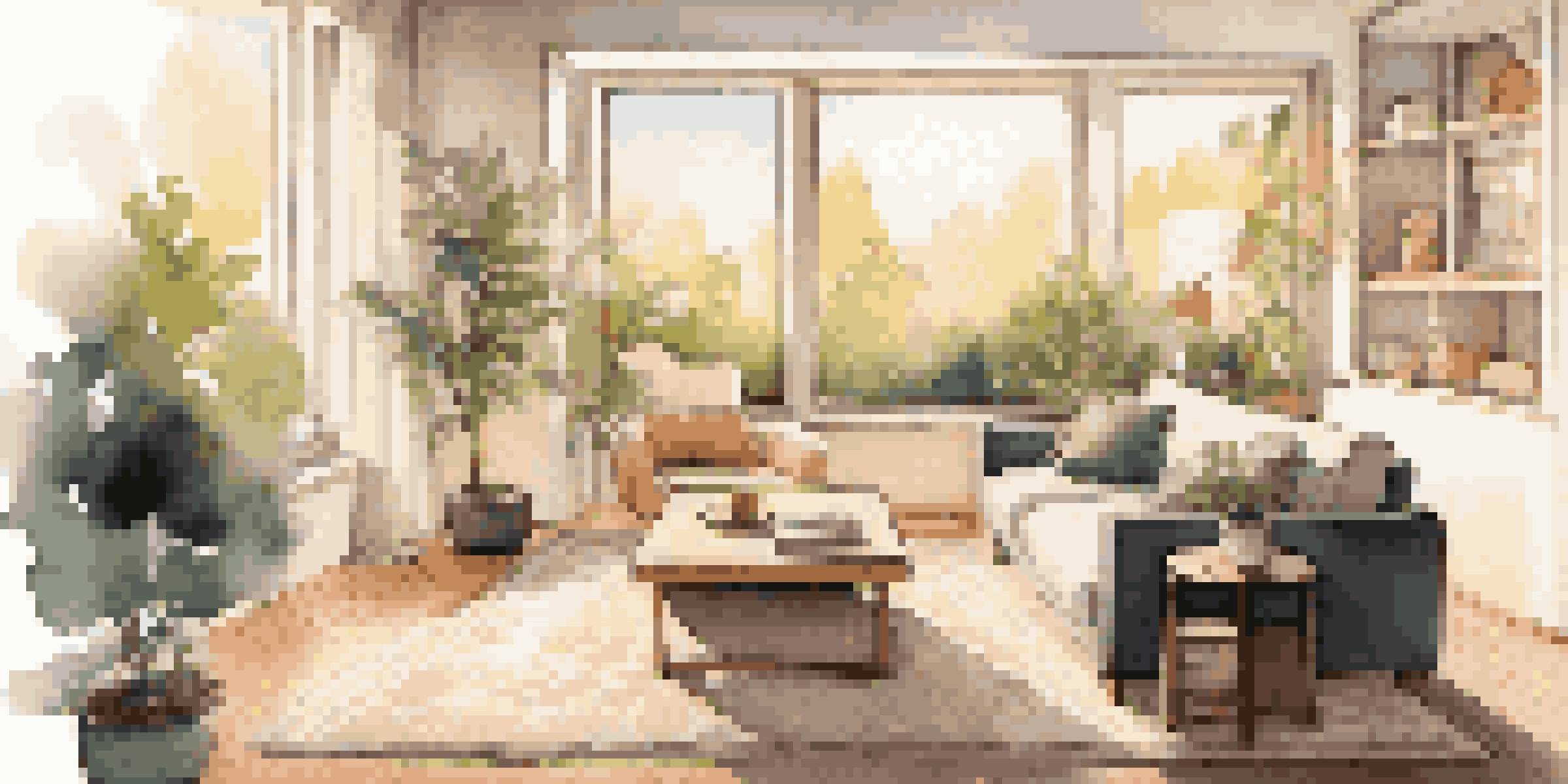 A modern living room featuring a smart speaker on a coffee table, with warm lighting and a view of greenery outside.