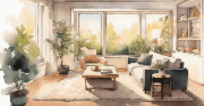 A modern living room featuring a smart speaker on a coffee table, with warm lighting and a view of greenery outside.