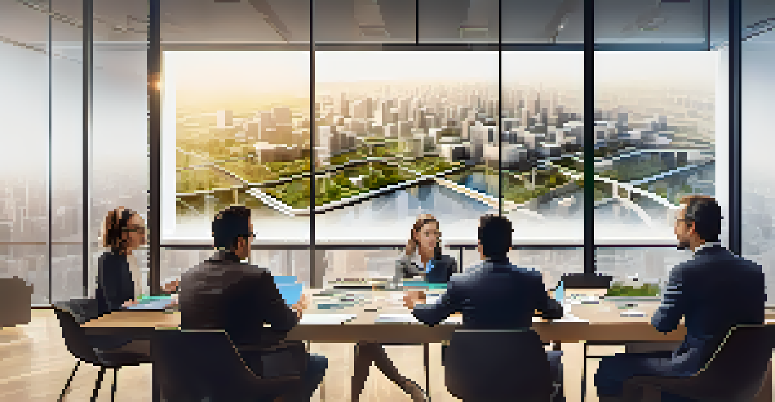 An architect presenting a scale model of an urban design to stakeholders in a conference room, with digital devices in the background.