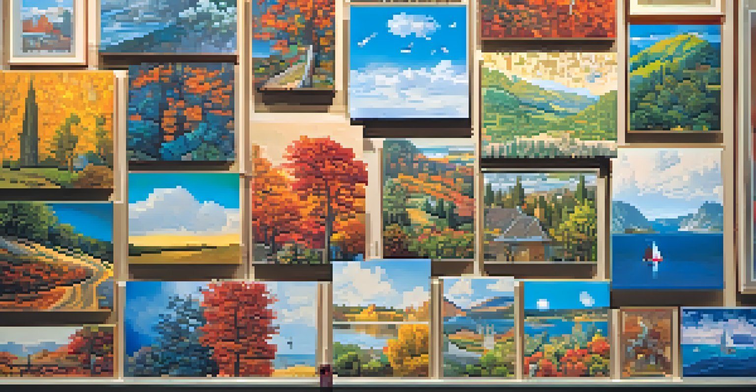 A dedicated puzzle wall showcasing a variety of colorful completed jigsaw puzzles in an eclectic arrangement.
