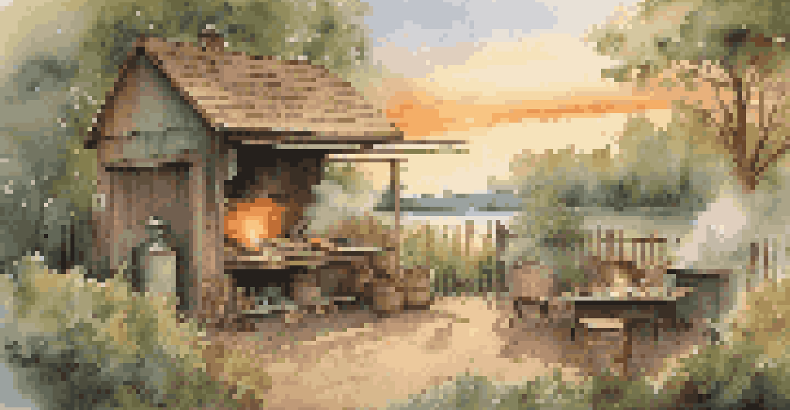 An outdoor smoking setup with a wooden smoker and fish, surrounded by wood chips, with smoke rising against a lush green backdrop at sunset.