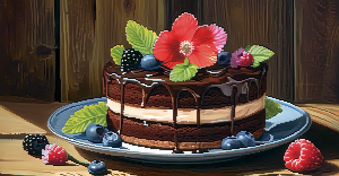 A slice of layered chocolate cake on a plate, adorned with fresh berries and edible flowers, on a wooden table.
