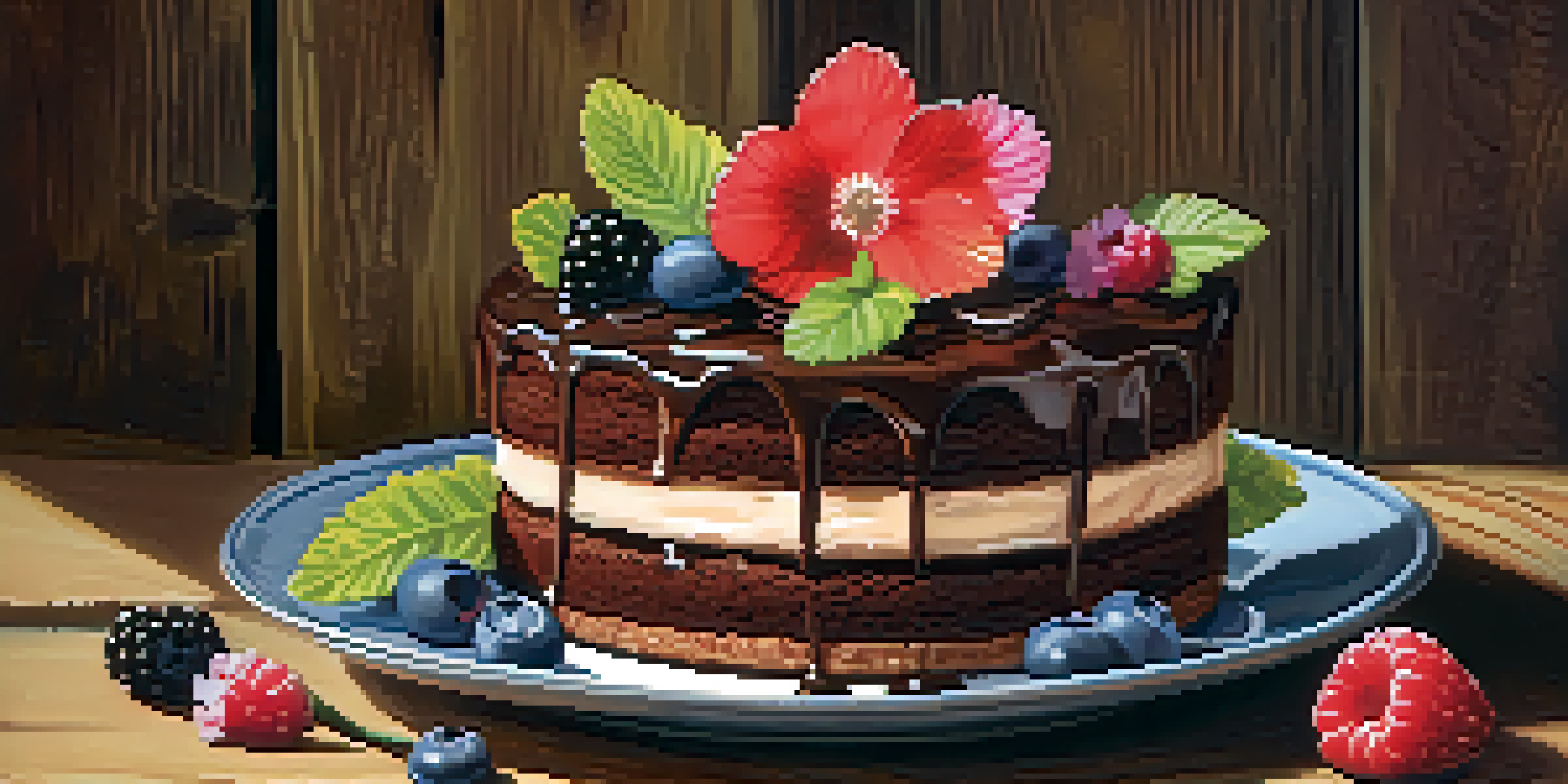 A slice of layered chocolate cake on a plate, adorned with fresh berries and edible flowers, on a wooden table.