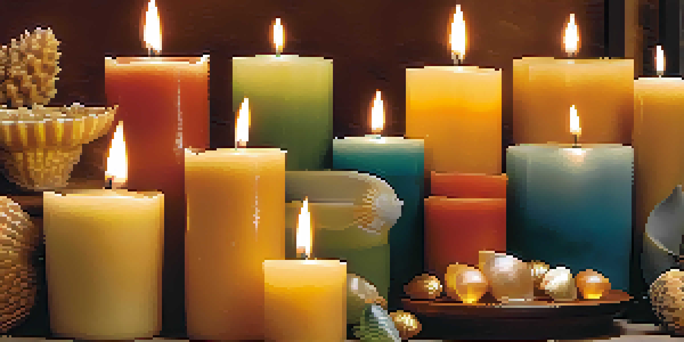 A collection of candles made from different types of wax, including golden beeswax, colorful soy wax, and translucent gel wax with shells inside.
