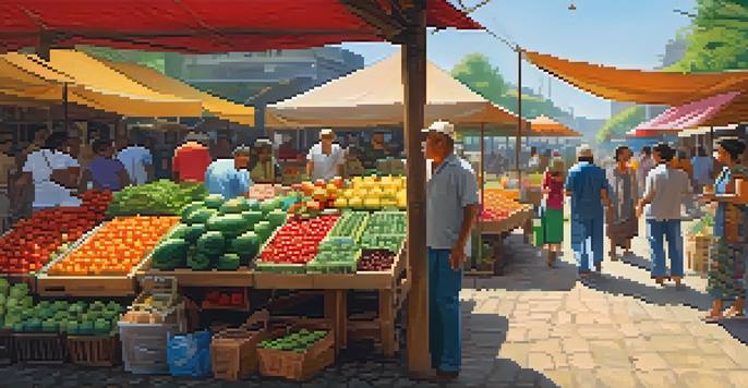 A bustling local market with colorful stalls and engaged vendors interacting with customers under dappled sunlight.