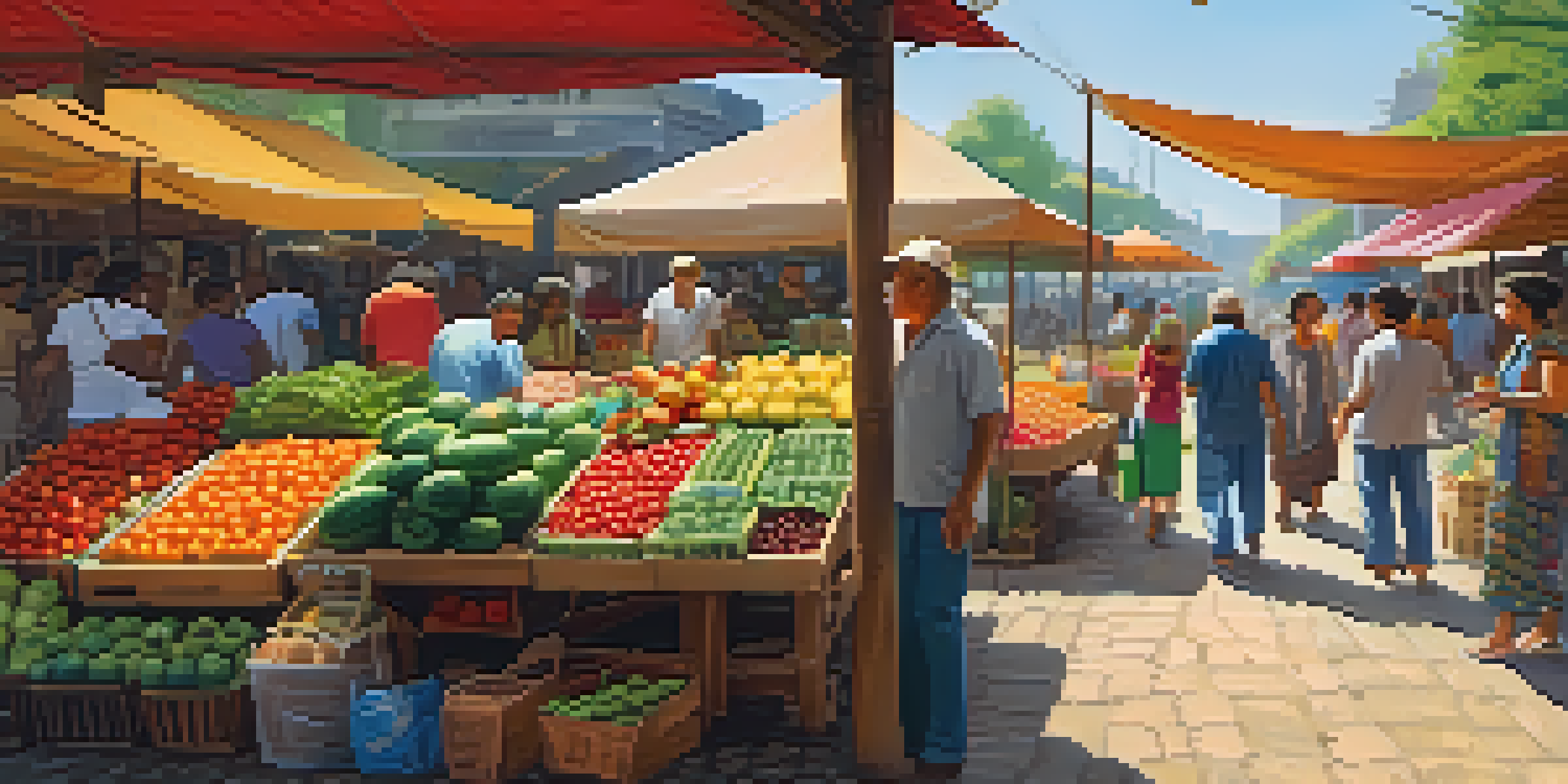 A bustling local market with colorful stalls and engaged vendors interacting with customers under dappled sunlight.