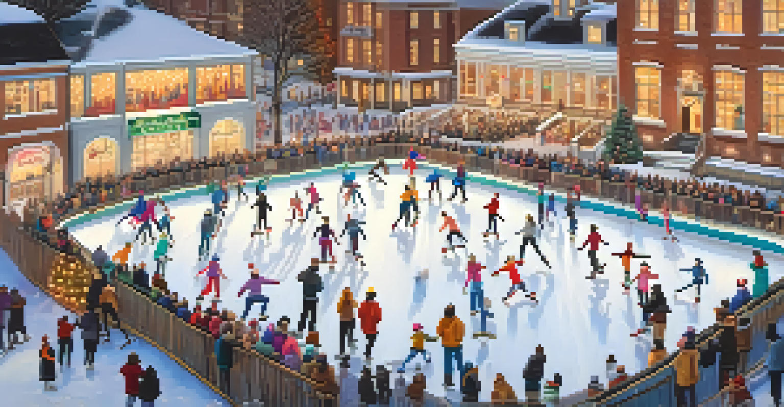 Aerial view of a busy ice skating rink with skaters and festive decorations.