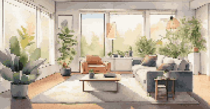 A modern living room displaying various smart home devices including a smart speaker, smart light bulbs, and a smart thermostat, with natural light streaming through large windows.