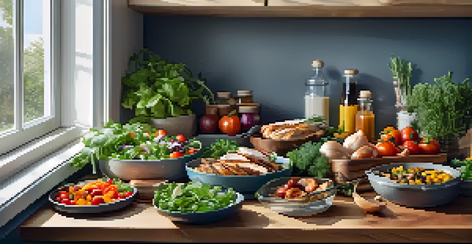 A kitchen countertop with colorful meal prep containers filled with salads and grilled chicken, illuminated by natural light.