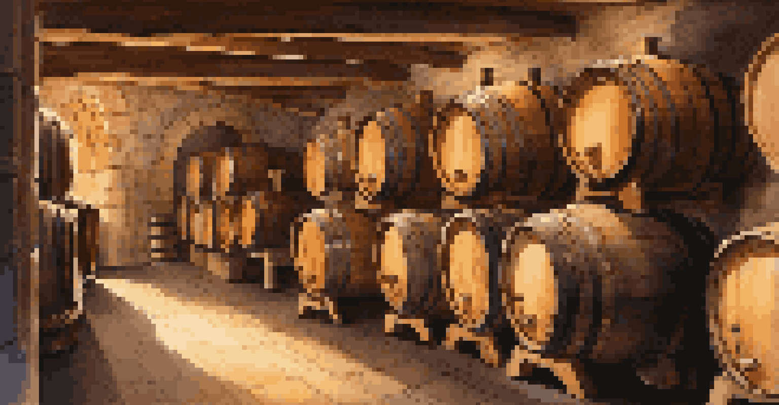A cozy wine cellar with oak barrels and soft lighting.