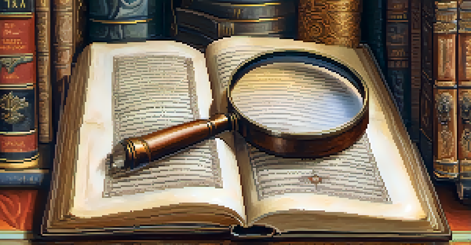 A hand holding a magnifying glass over an ancient manuscript with detailed text and illustrations.