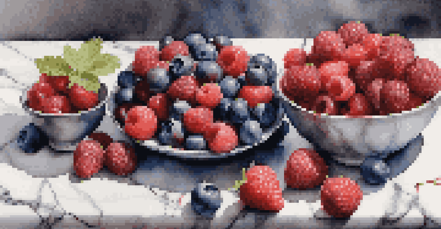 An arrangement of fresh berries next to a bar of dark chocolate and a bowl of chocolate sauce on a marble countertop.