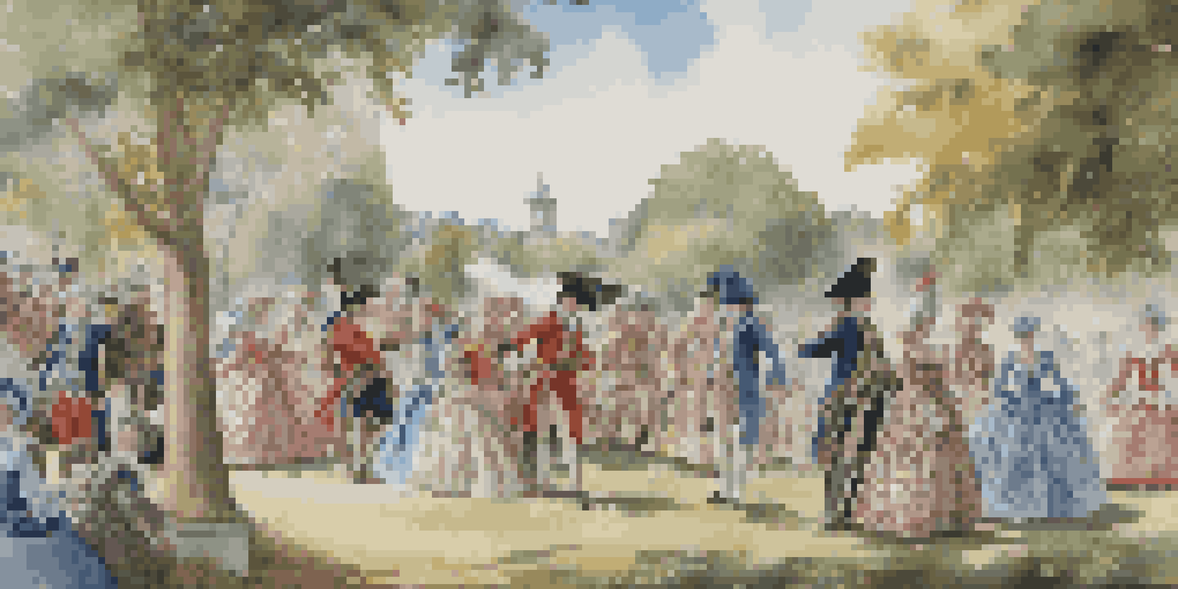 Participants in 18th-century costumes reenacting a historical skirmish in a sunny park.