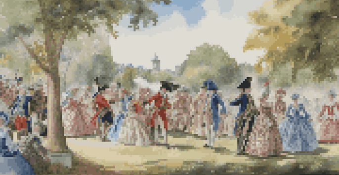 Participants in 18th-century costumes reenacting a historical skirmish in a sunny park.
