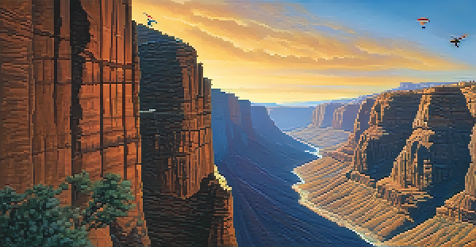 A person bungee jumping over a colorful canyon at sunset, showcasing the beauty of nature and the thrill of the jump.