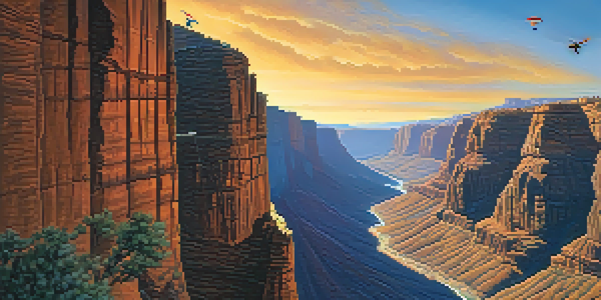 A person bungee jumping over a colorful canyon at sunset, showcasing the beauty of nature and the thrill of the jump.