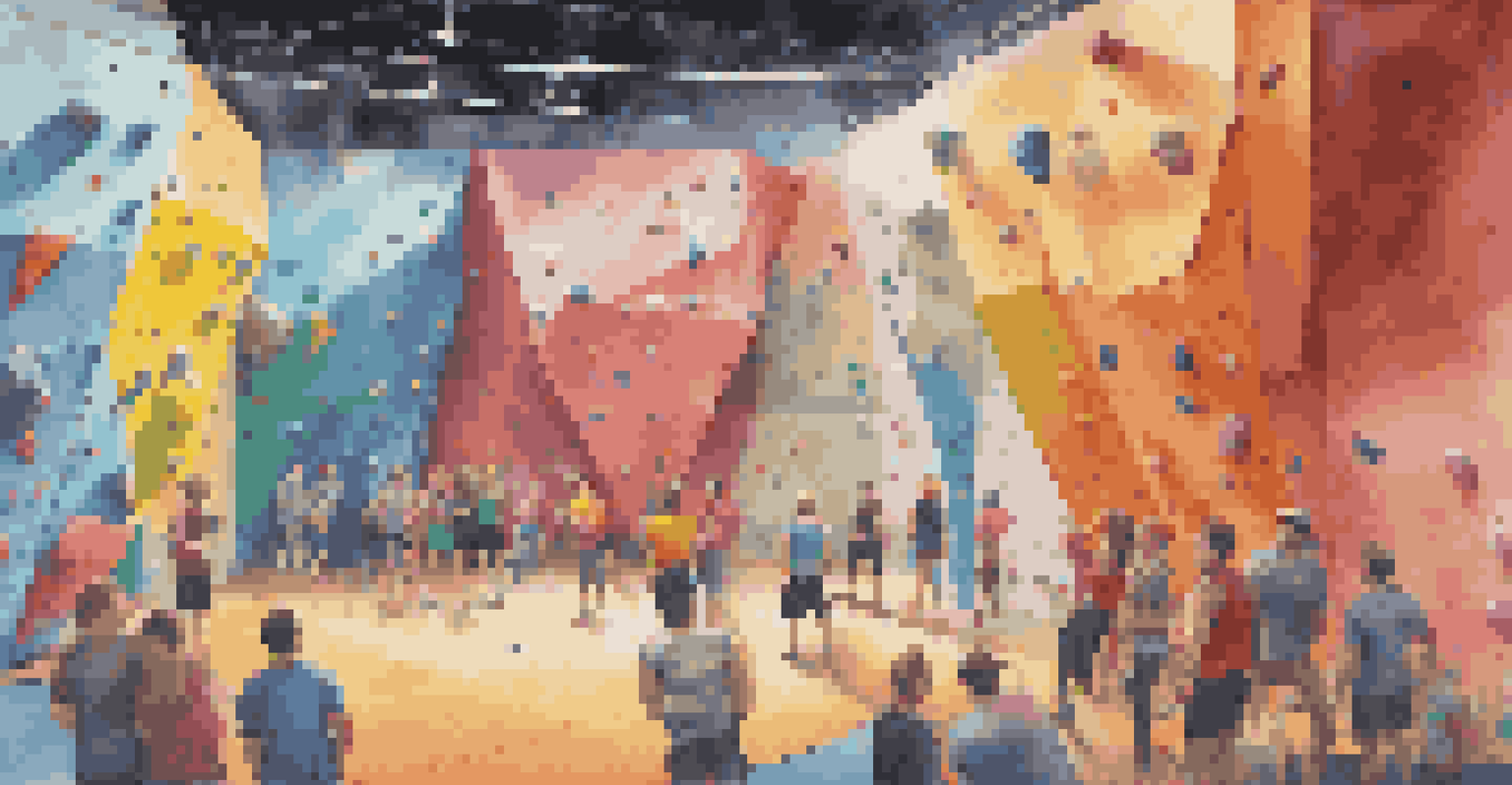 A lively bouldering competition in an indoor climbing gym with climbers competing on colorful walls and spectators cheering.