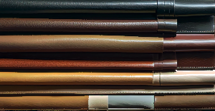 A variety of leather swatches on a wooden table, showcasing different textures and colors in warm lighting.
