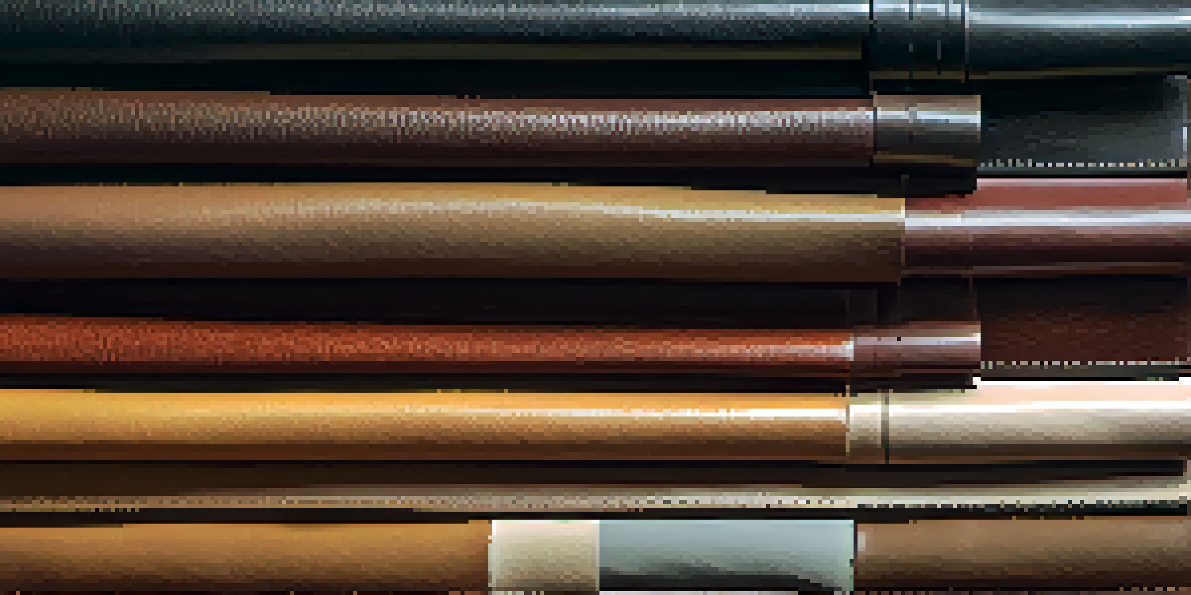 A variety of leather swatches on a wooden table, showcasing different textures and colors in warm lighting.