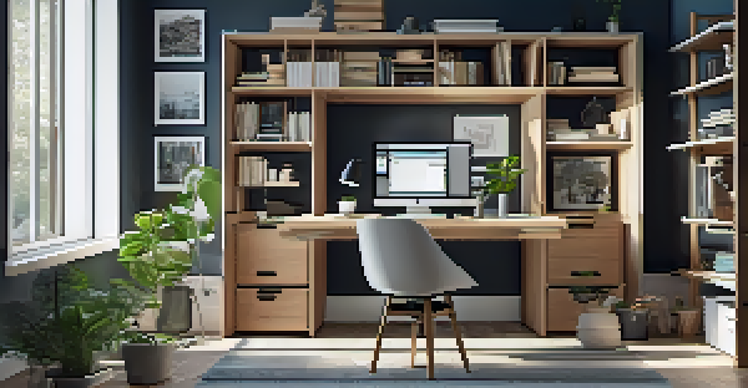 A modern home office with a standing desk, energy-efficient computer, and personal decor, illuminated by natural light.