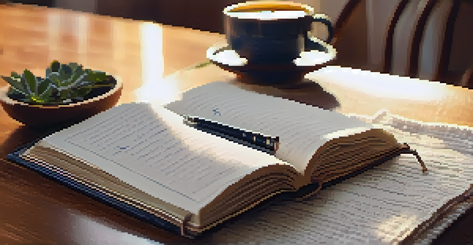 An open journal with affirmations and a cup of tea on a table, surrounded by a cozy atmosphere.