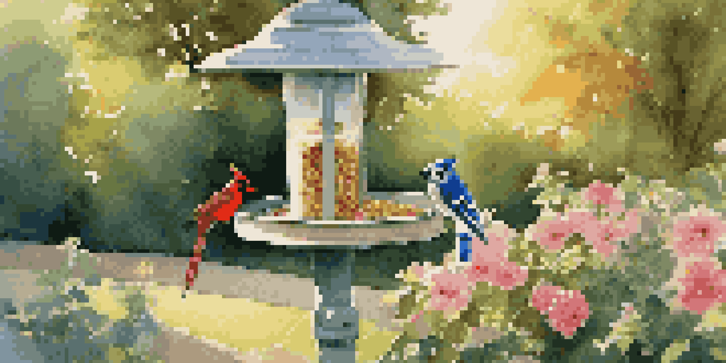 A peaceful backyard with a bird feeder surrounded by flowers, featuring birds like a blue jay and a cardinal, illuminated by soft golden hour light.