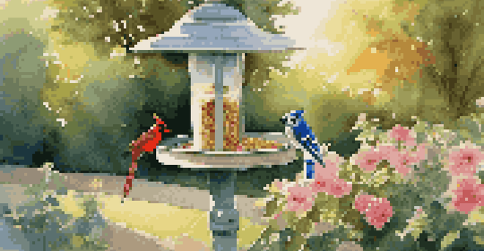 A peaceful backyard with a bird feeder surrounded by flowers, featuring birds like a blue jay and a cardinal, illuminated by soft golden hour light.