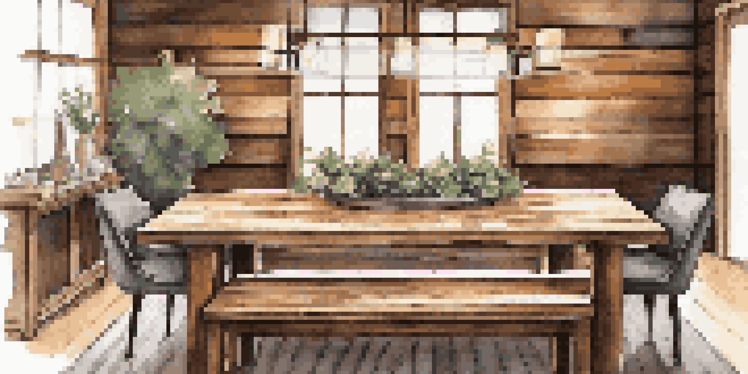 A rustic dining table made from reclaimed barn wood in a cozy dining room with warm lighting and elegant tableware.