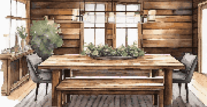 A rustic dining table made from reclaimed barn wood in a cozy dining room with warm lighting and elegant tableware.