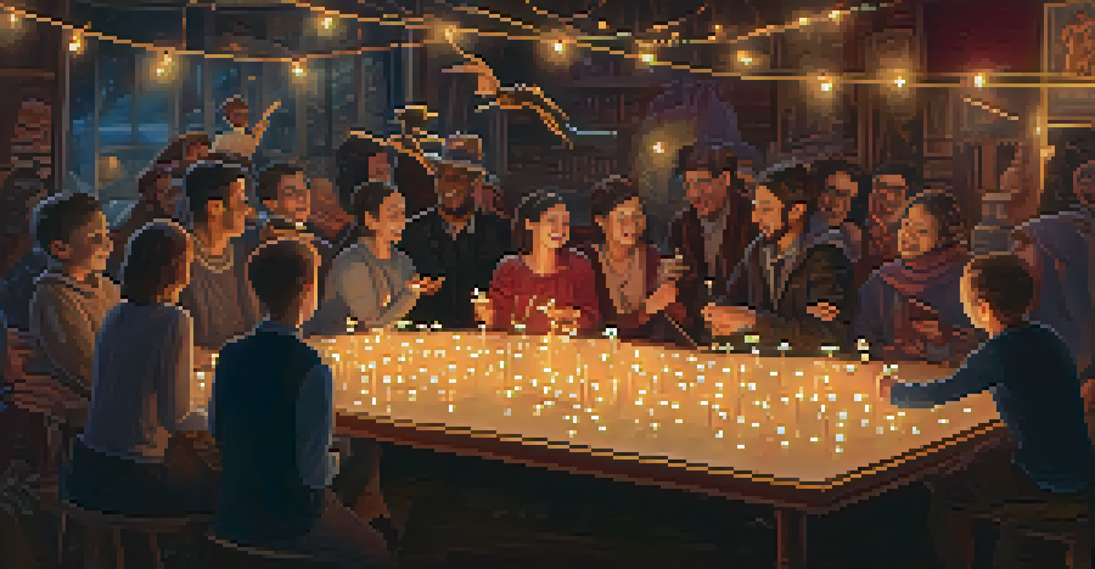 A magician performing a rubber band trick for friends in a cozy setting with fairy lights and candles.