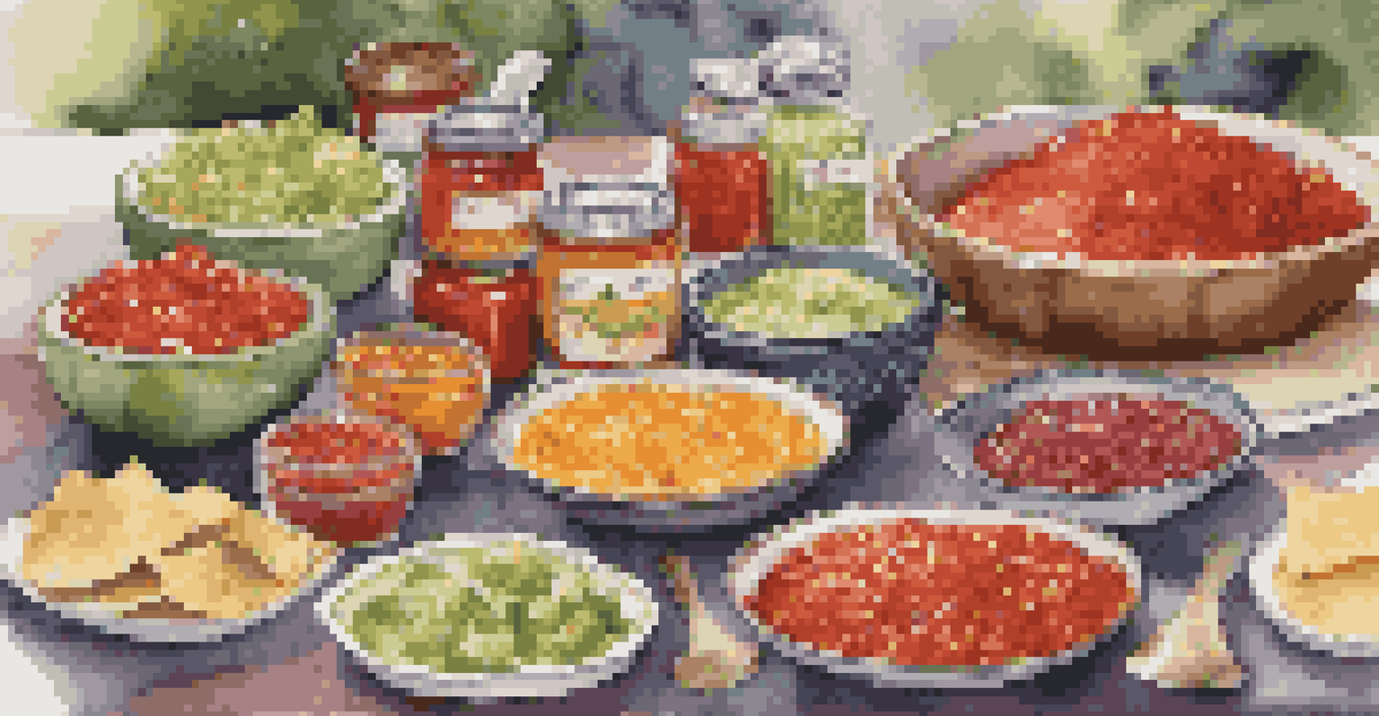 A vibrant salsa bar with various salsas and toppings displayed in colorful bowls, set on a festive table.