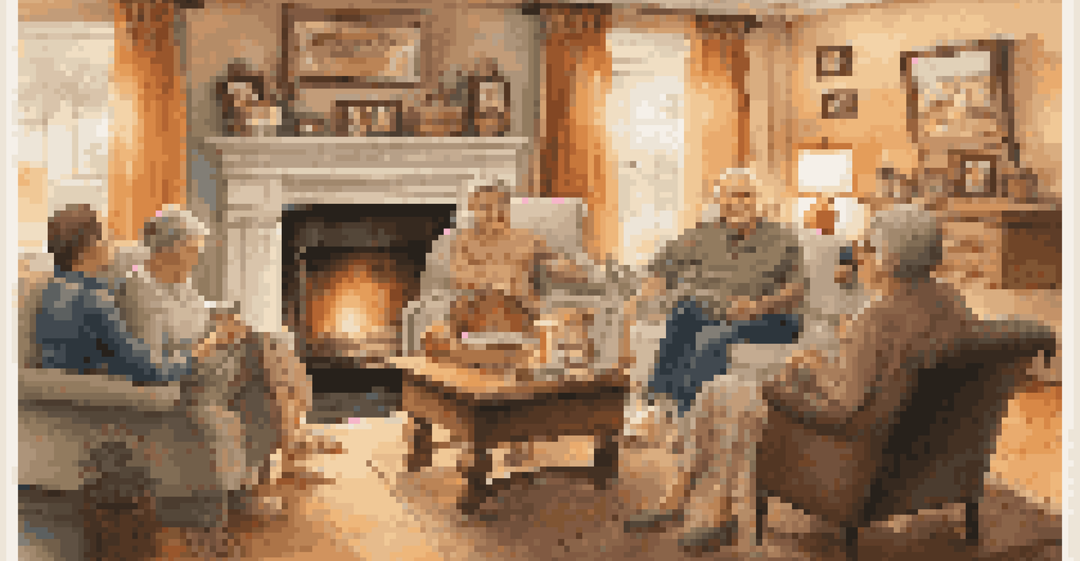 A family gathering in a cozy living room, examining a family tree while surrounded by heirlooms and photos.