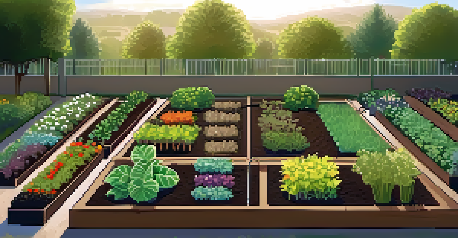 An overhead view of a raised bed garden with healthy plants and a drip irrigation system.