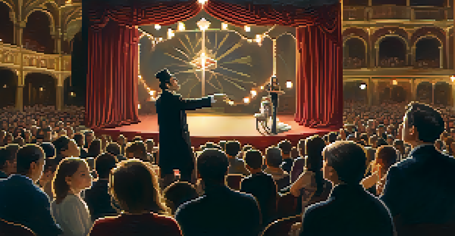 A magician engaging with an audience member on stage, surrounded by shimmering decorations and captivated audience members.