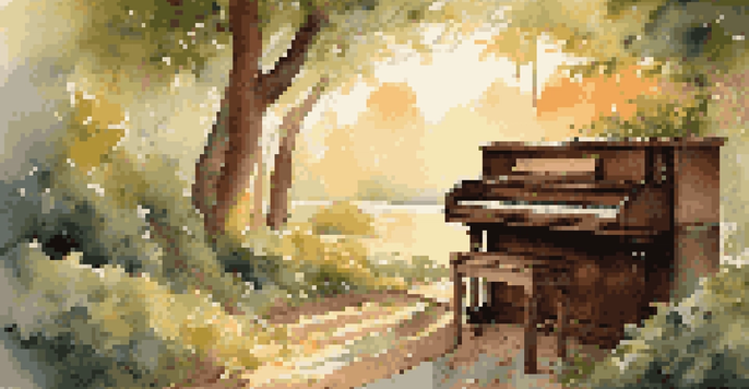 A wooden piano in a green outdoor setting with sunlight filtering through trees, surrounded by sheets of music.