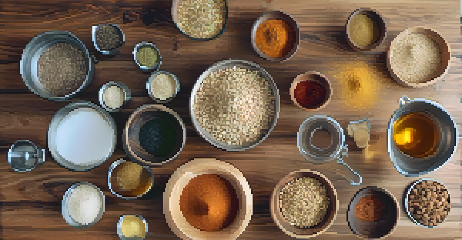 An overhead view of a wooden table with brewing ingredients and tools for making beer.