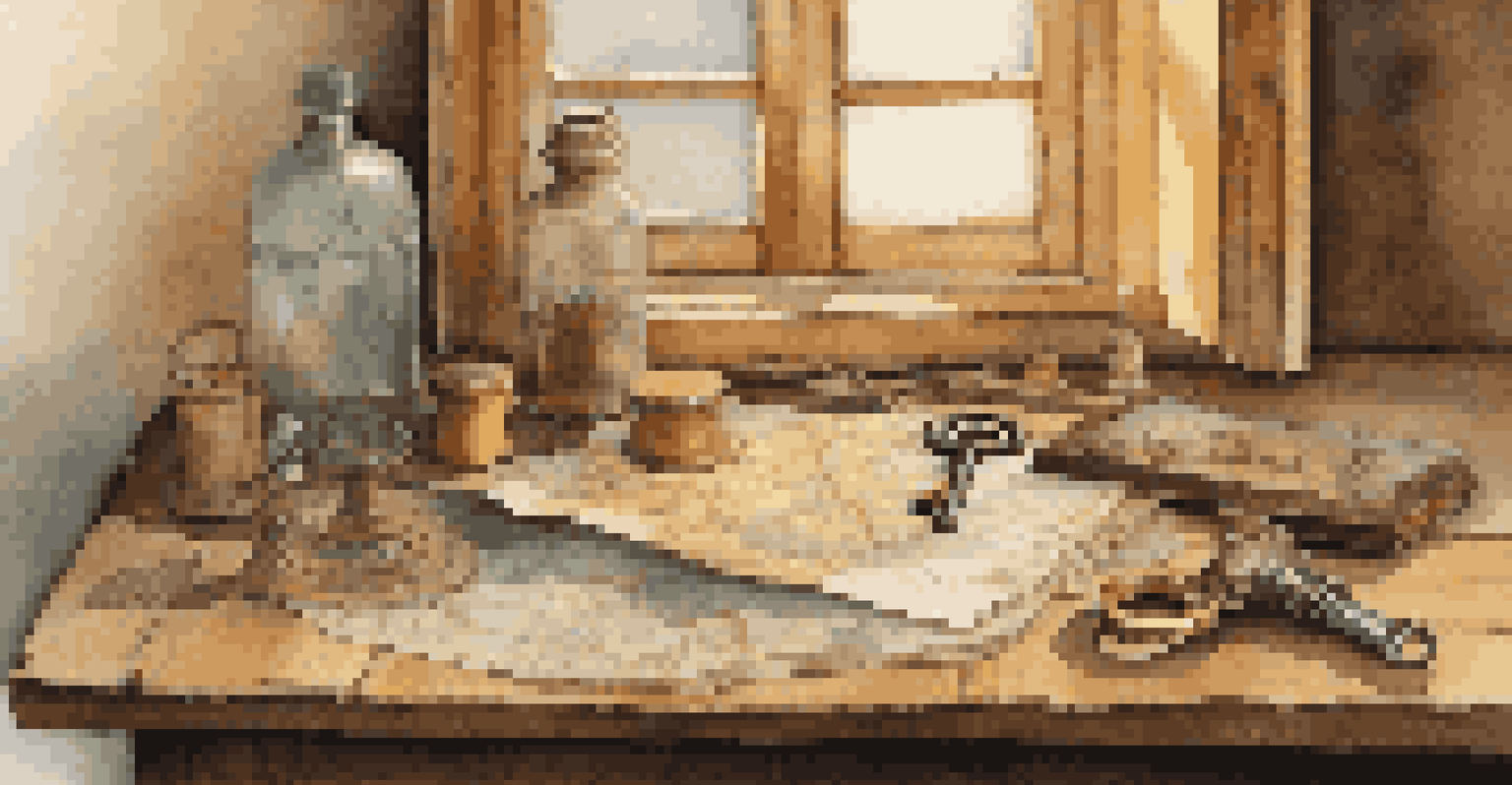 An artistic arrangement of found objects like a rusty key and a weathered bottle on a wooden table, illuminated by warm golden light.