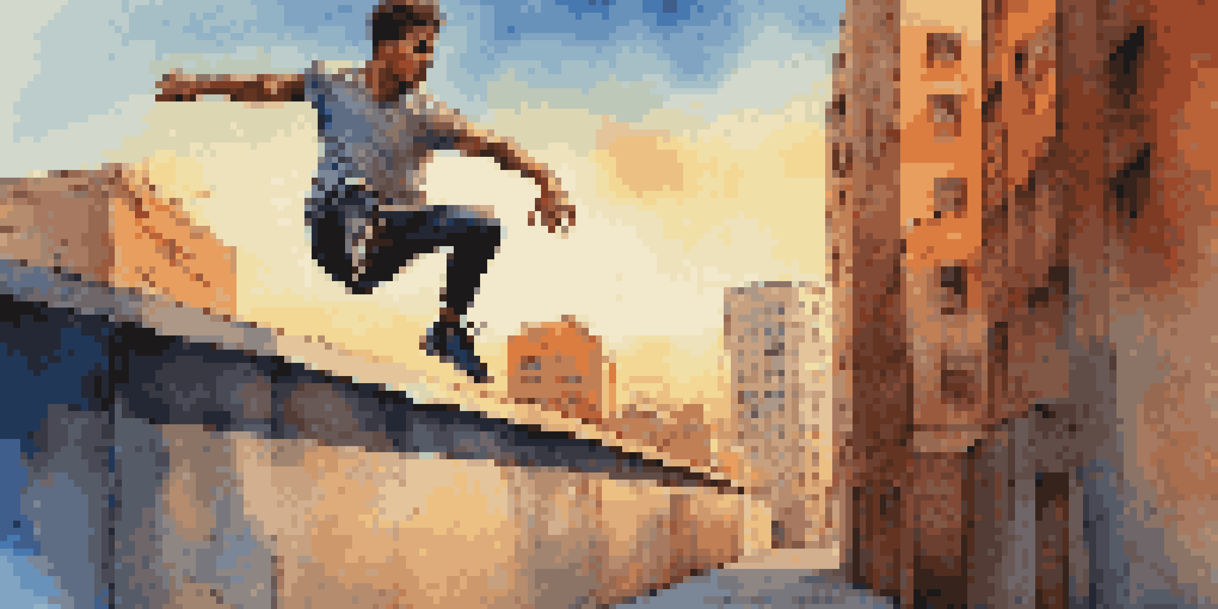 A young man performing parkour by jumping off a concrete wall in a city during sunset, with a vibrant skyline in the background.