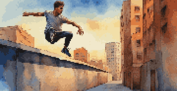 A young man performing parkour by jumping off a concrete wall in a city during sunset, with a vibrant skyline in the background.