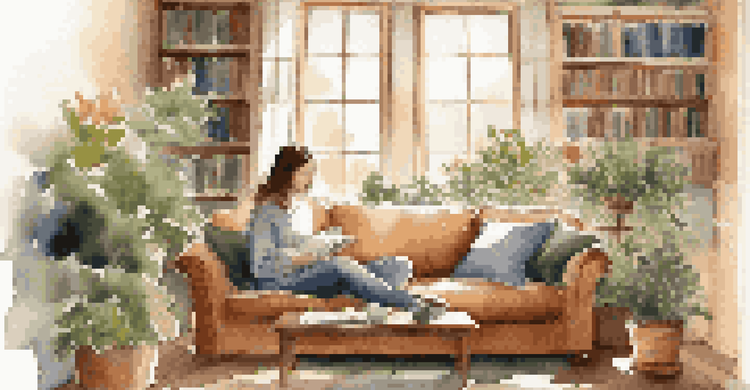 A model sitting on a plush sofa in a cozy indoor setting, surrounded by plants, with natural light streaming through large windows.