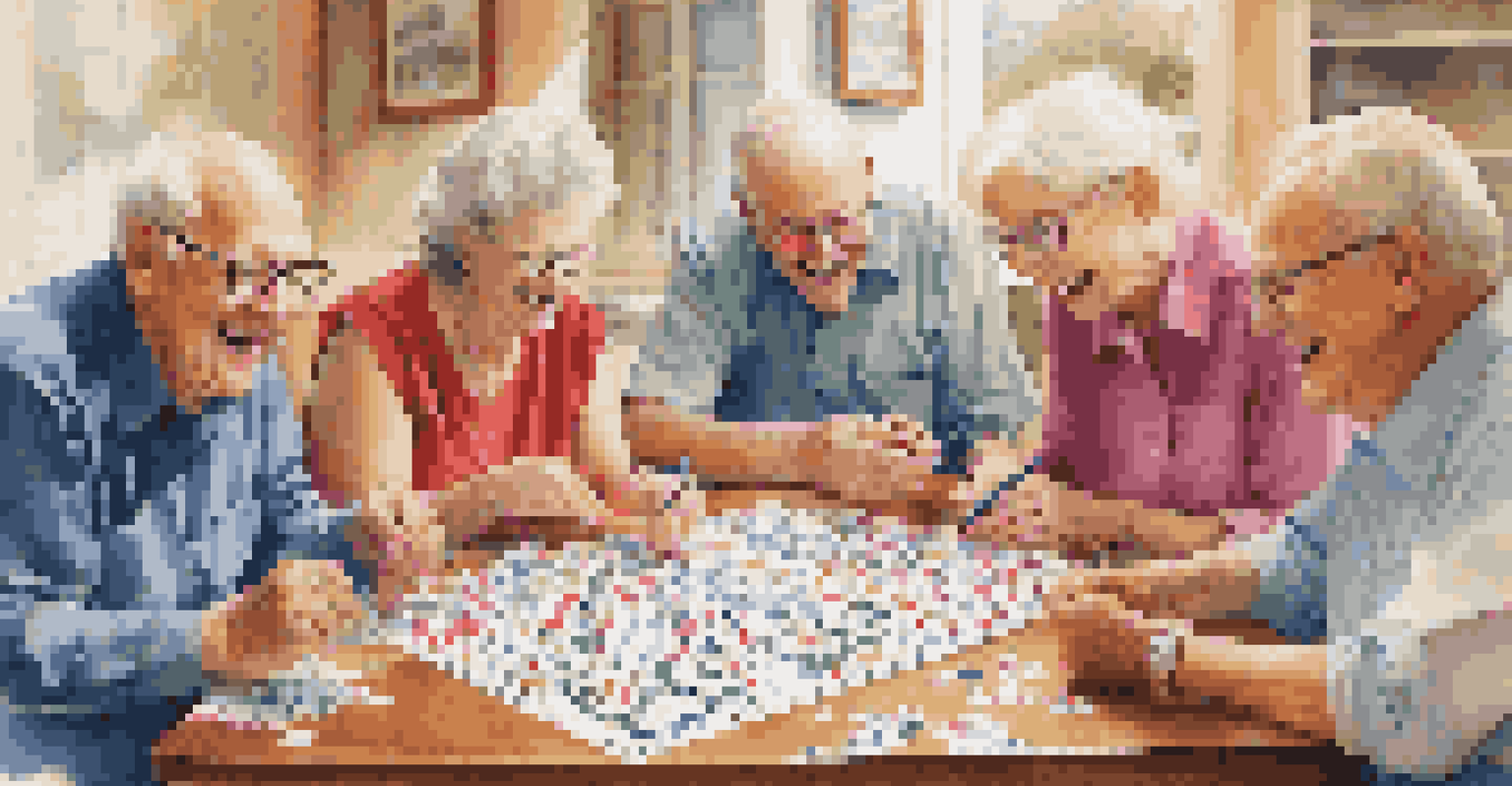 A group of older adults joyfully working together on a Sudoku puzzle at a table, surrounded by pens and papers in a lively atmosphere.