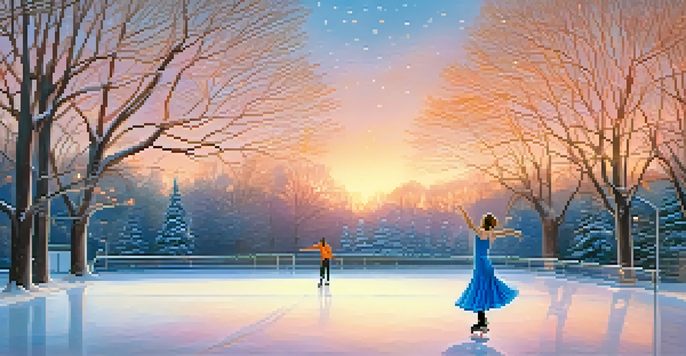 A graceful skater in a blue dress spins on an ice rink at dusk, with twinkling lights and a colorful sky in the background.