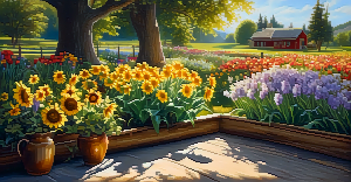A colorful flower garden with daisies, tulips, and sunflowers under warm sunlight, with a wooden bench in the background.